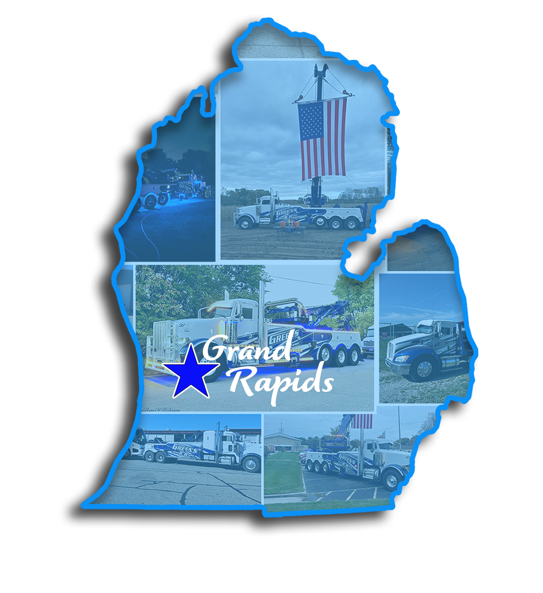 Michigan shaped collage of towing equipment with a star over Grand Rapids.